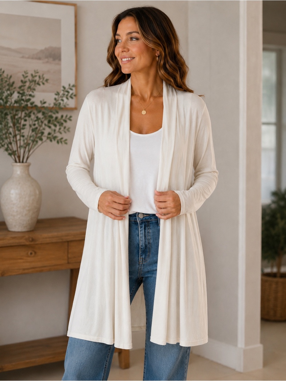 Eileen Fisher Open Front Cardigan XL Ivory Viscose Drape Lightweight Layer